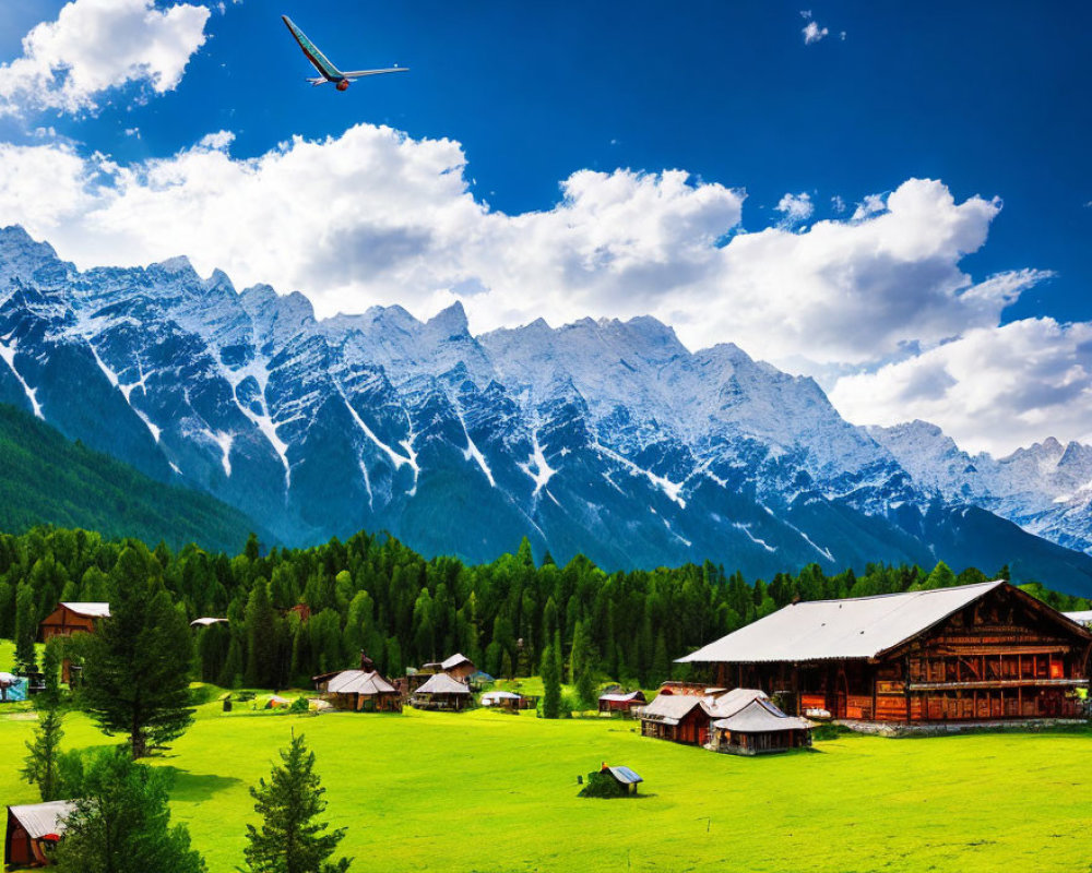 Picturesque village with wooden houses, snow-capped mountains, and glider in the sky