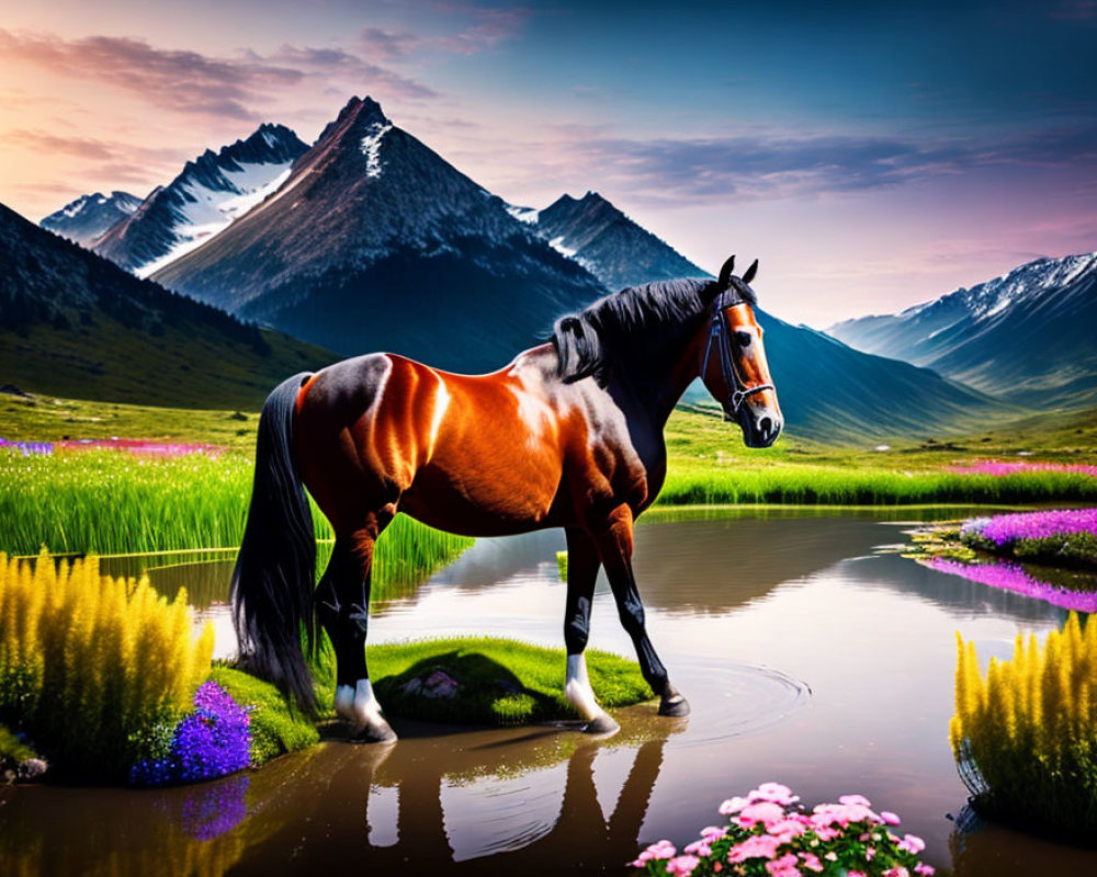 Majestic bay horse by reflective pond in vibrant mountain valley