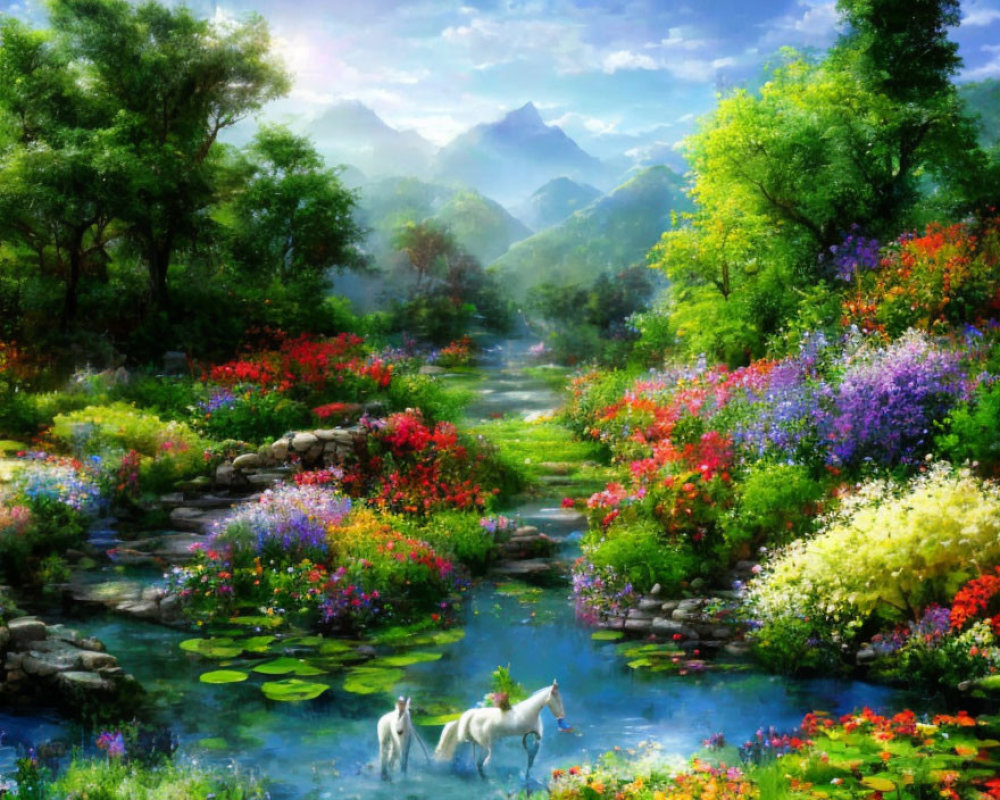 Serene landscape painting: white horses by vibrant river