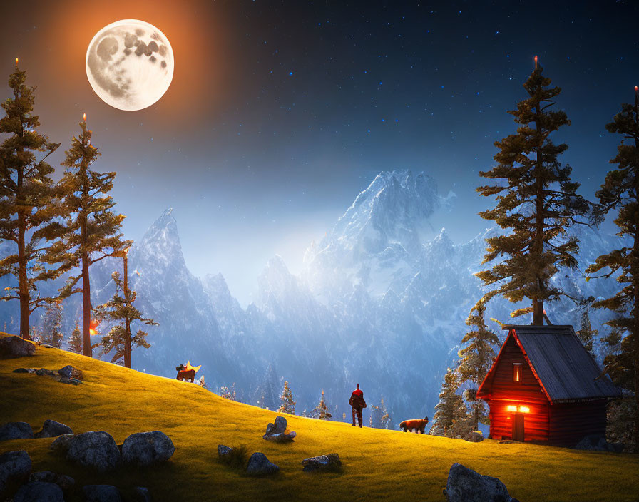 Moonlit Night Scene: Person and Deer by Cabin in Mountain Forest