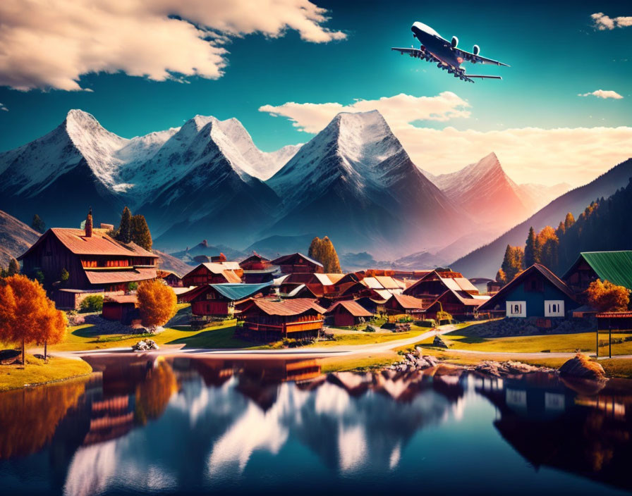 Scenic village by lake with autumn trees, snowy mountains, airplane in sunset sky