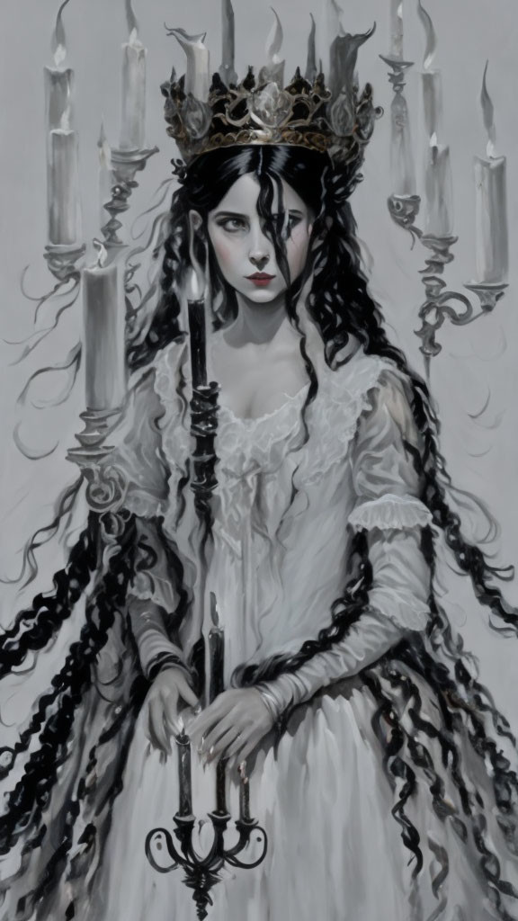 Monochromatic painting of woman in regal dress with candelabra