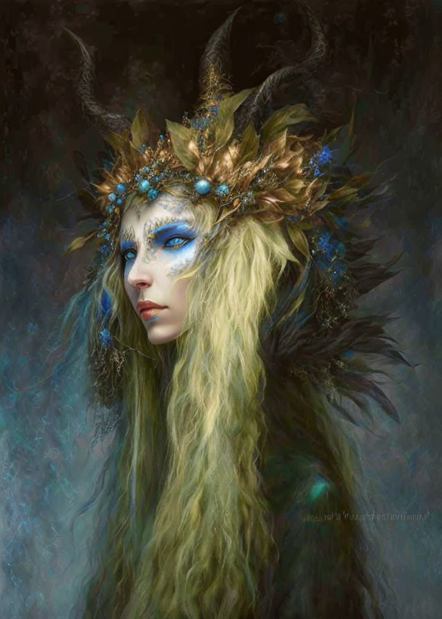 Mystical figure with pale blue skin and ornate antlers in misty ambiance