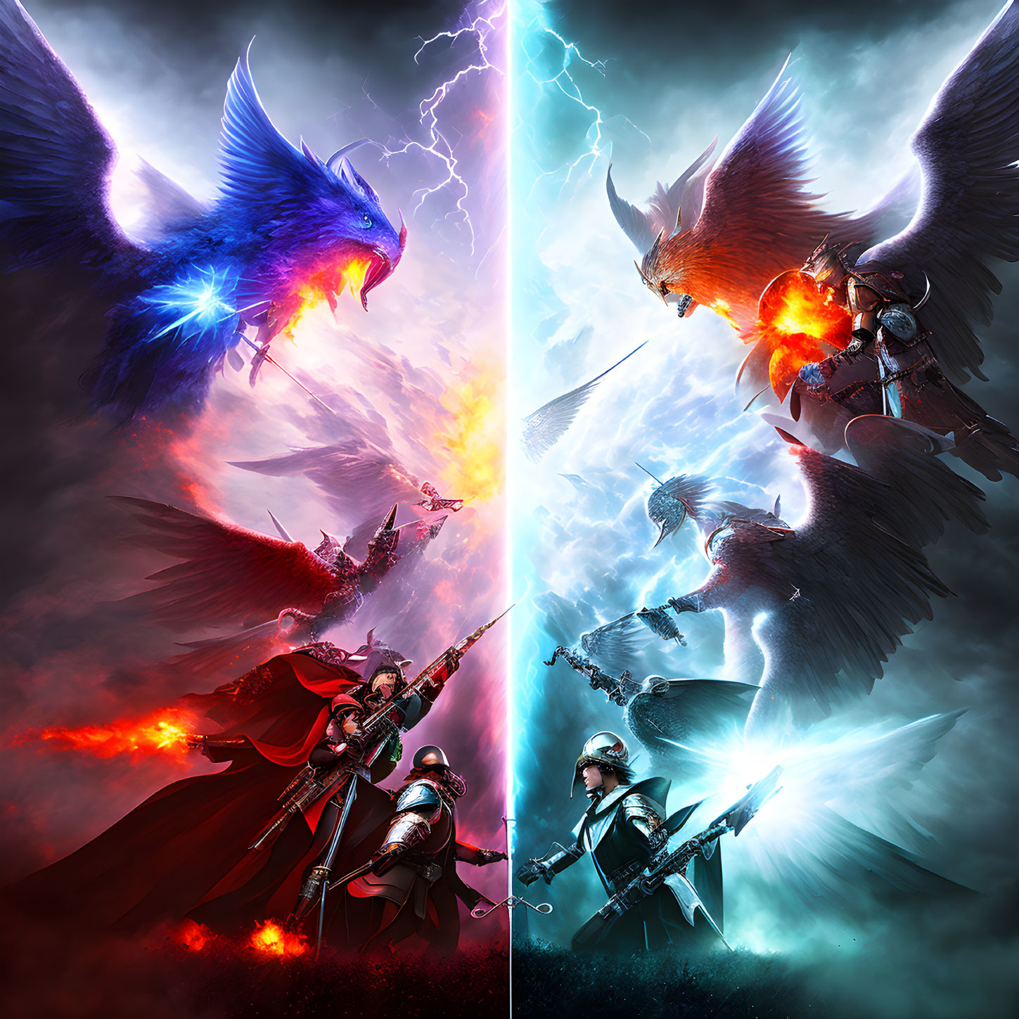 Dynamic digital artwork: Fiery red warriors and dragon face off against icy blue figures in symmetrical confrontation