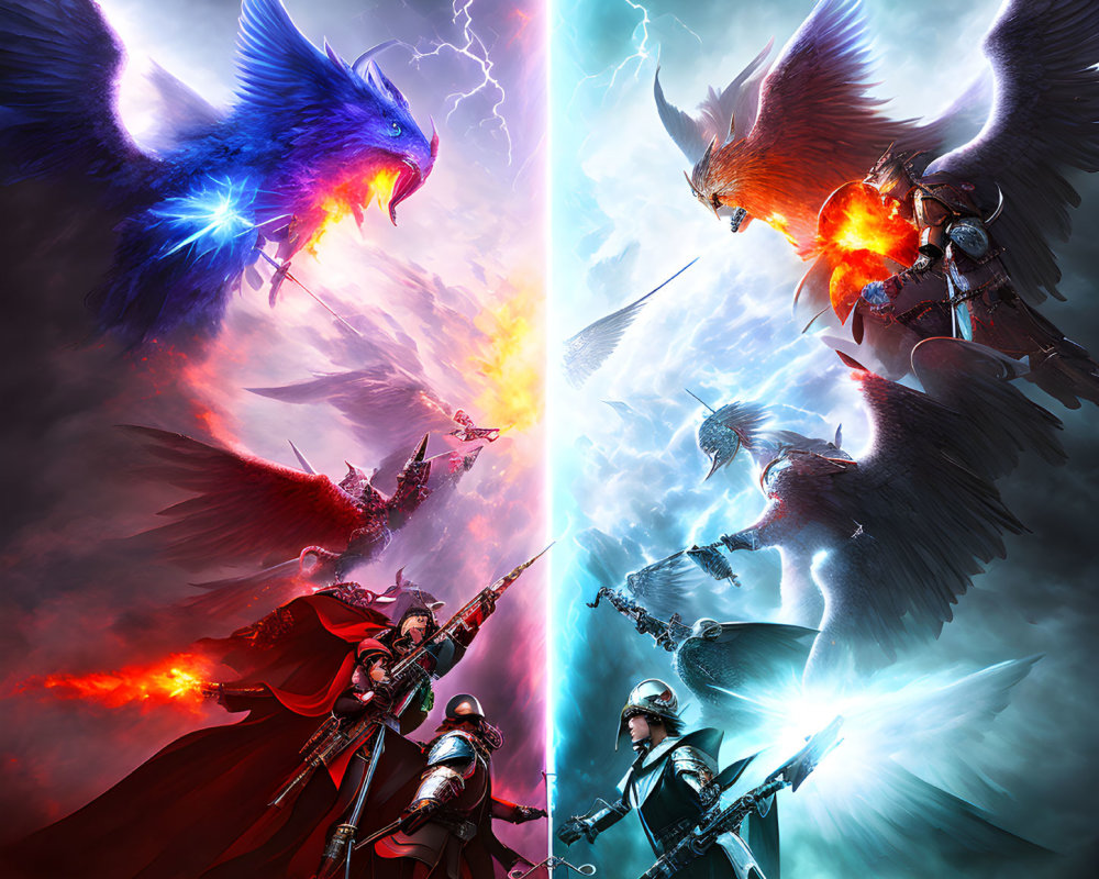 Dynamic digital artwork: Fiery red warriors and dragon face off against icy blue figures in symmetrical confrontation