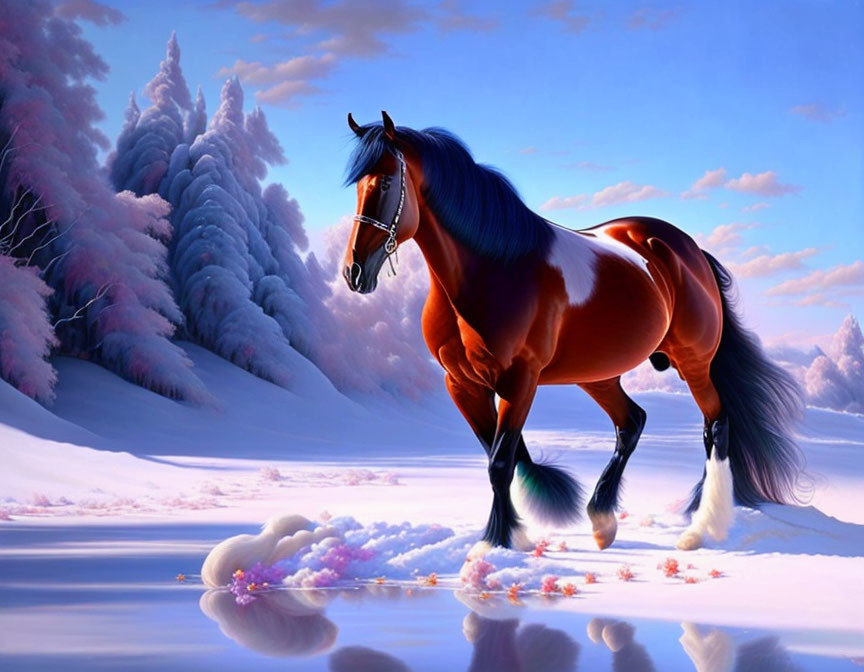 Majestic brown horse in snowy landscape with pink trees