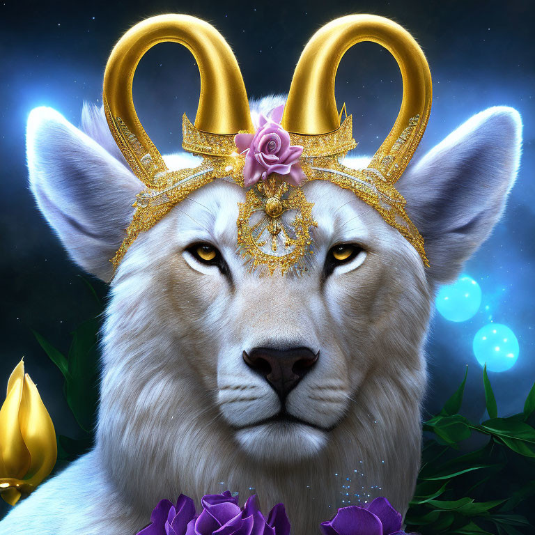 White lion with ornate horns and jeweled headpiece in night sky with glowing flowers