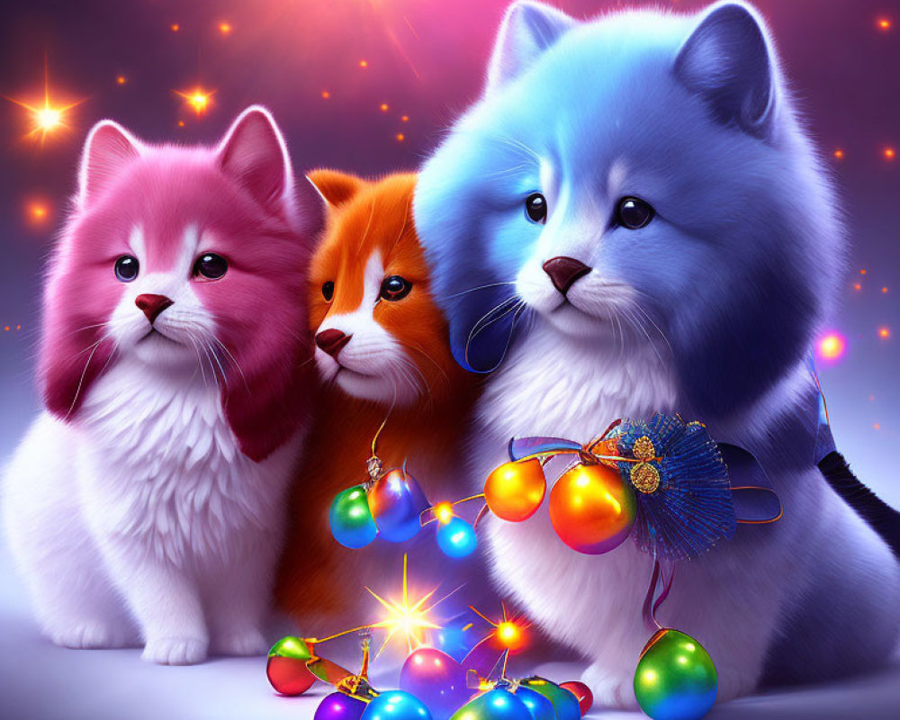 Colorful Fluffy Cats with Christmas Lights in Starry Scene