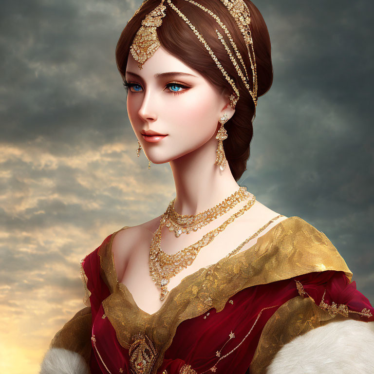 Blue-eyed lady in gold tiara, red dress with fur stole