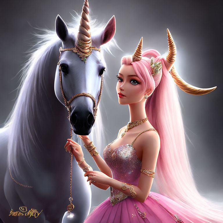Pink-haired woman and unicorn in gold accents against moody backdrop