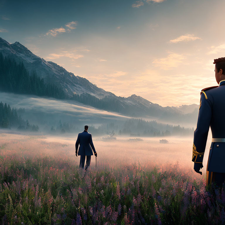 Two men in suits in blooming field with misty mountains at sunrise