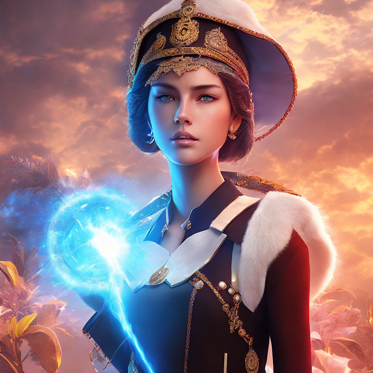 Digital artwork: Woman in military-style uniform with magical orb in sunset sky