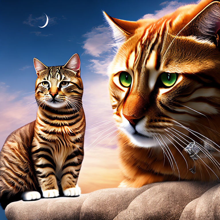 Stylized oversized cats on rock with surreal sky featuring sun and moon