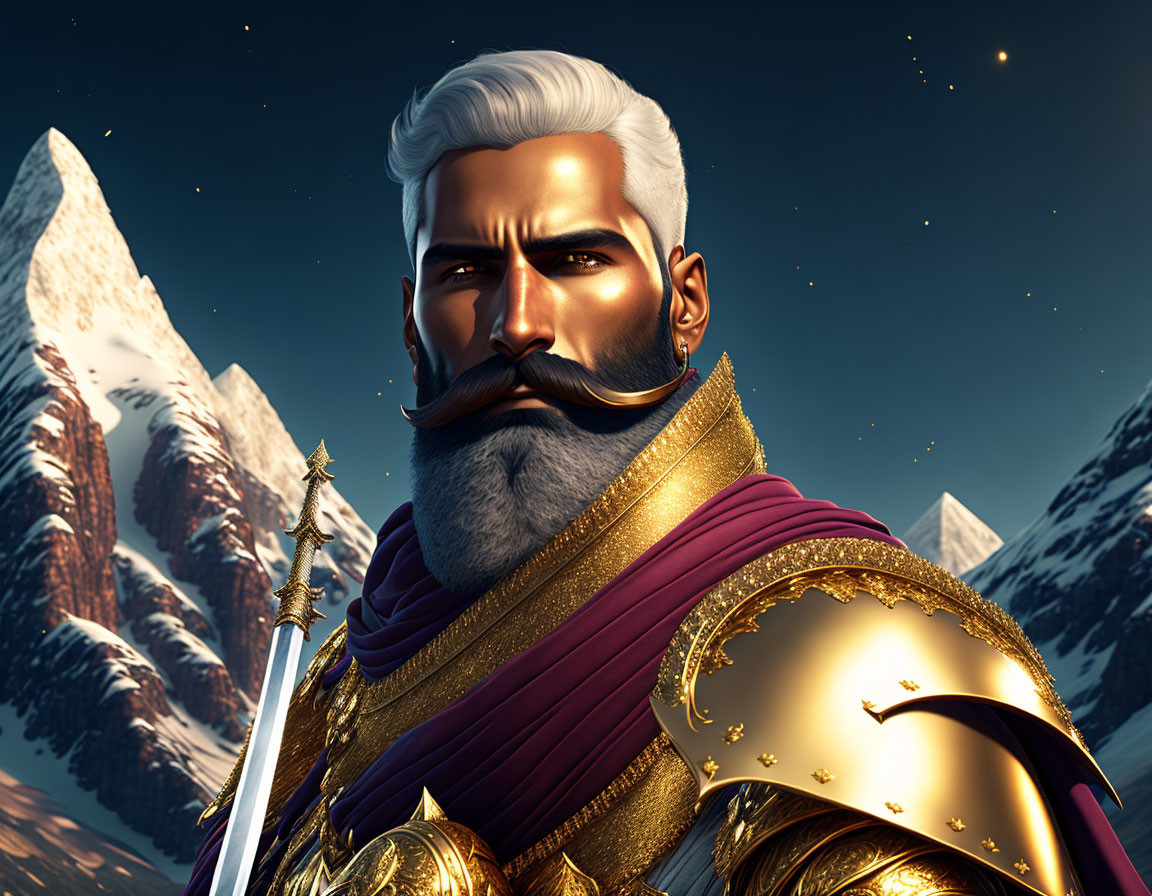Illustration of majestic warrior with white beard in golden armor against mountainous dusk background