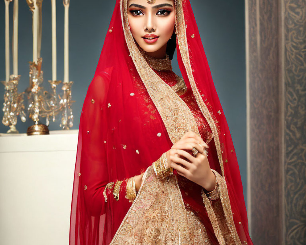 Traditional South Asian bridal attire with red veil, gold jewelry, and mehndi.