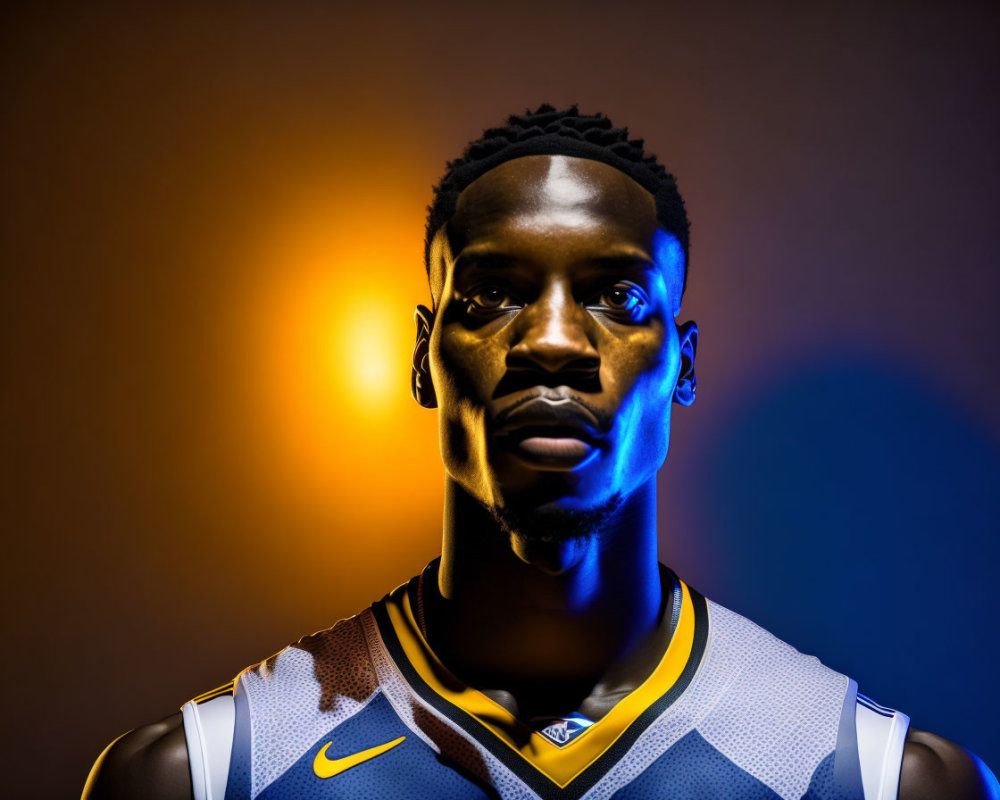 Basketball player in jersey under blue lighting on warm background