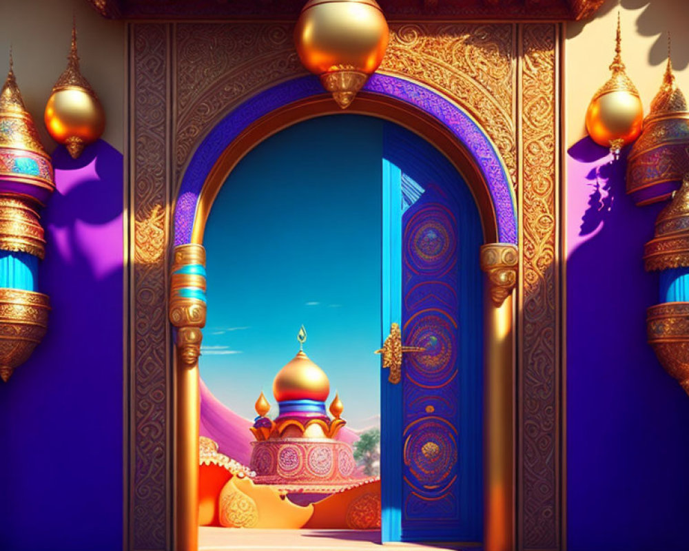 Fantasy scene with ornate golden and purple doorway in magical landscape