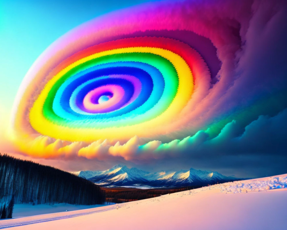 Vivid surreal landscape: spiral rainbow, snowy mountains, forest at dusk