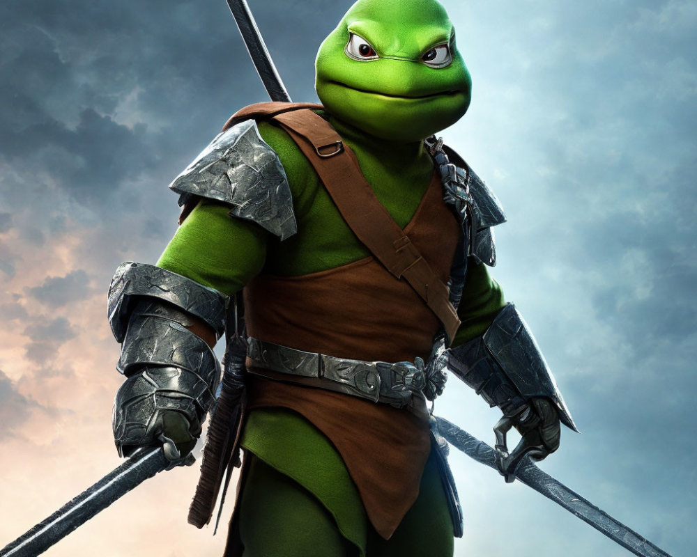 Green anthropomorphic turtle with twin swords in stormy sky setting