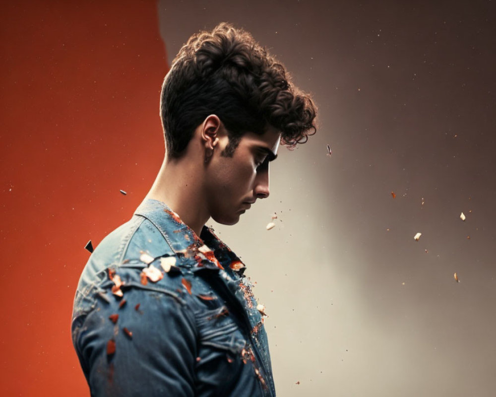 Young man with curly hair in denim jacket surrounded by small orange fragments on orange backdrop