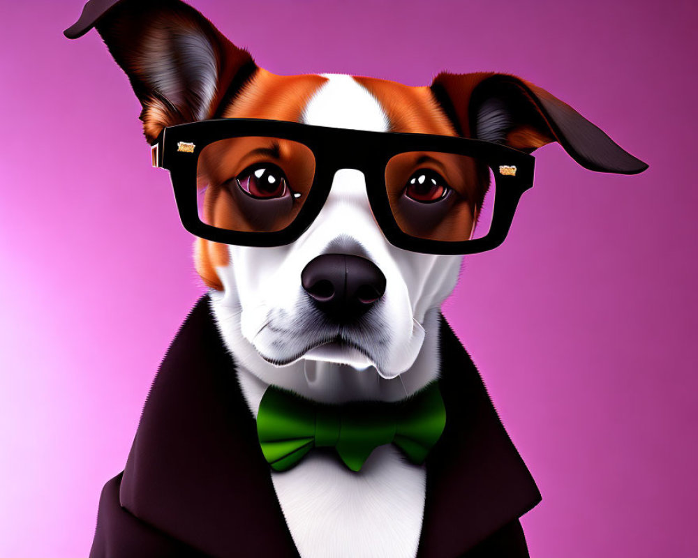 Stylized dog portrait in glasses, bowtie, suit on purple background