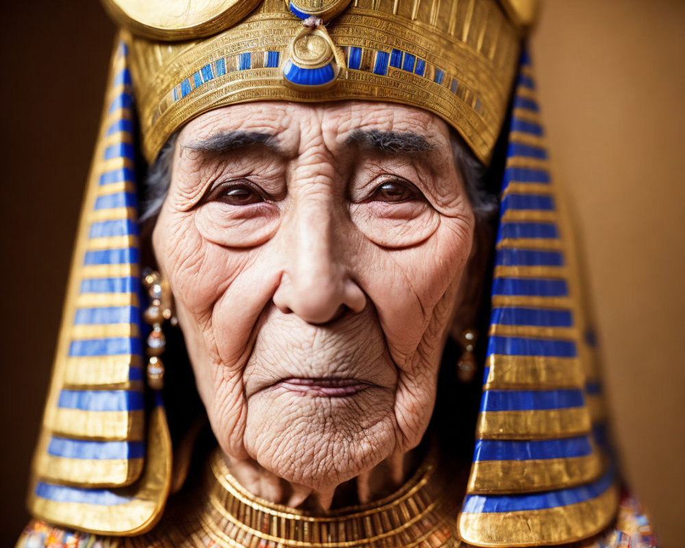 Elderly person in Ancient Egyptian pharaoh headdress