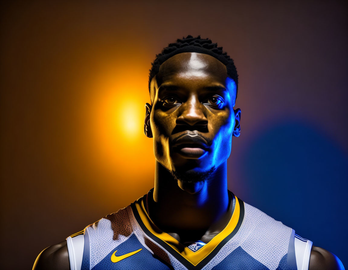 Basketball player in jersey under blue lighting on warm background