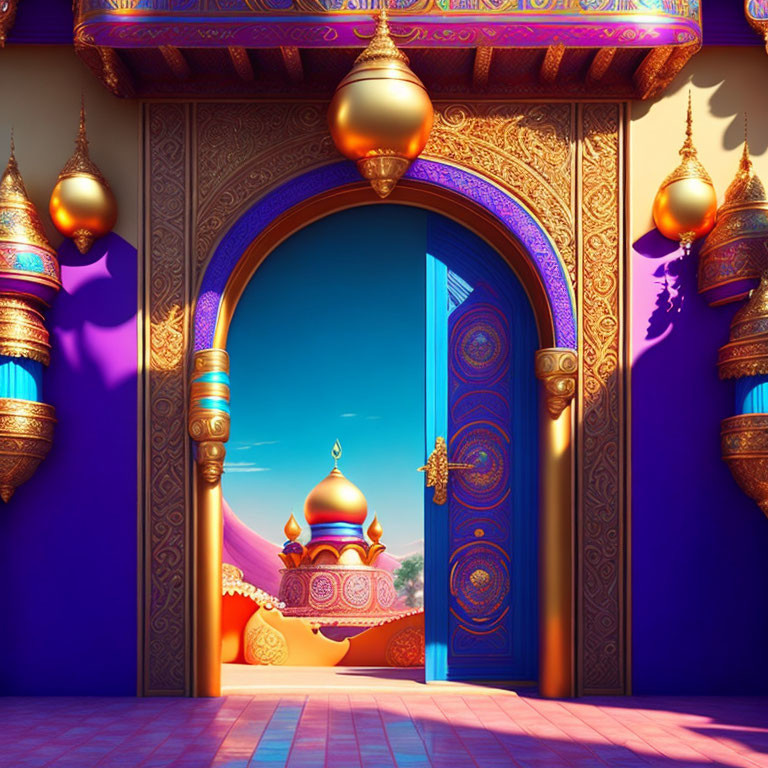 Fantasy scene with ornate golden and purple doorway in magical landscape