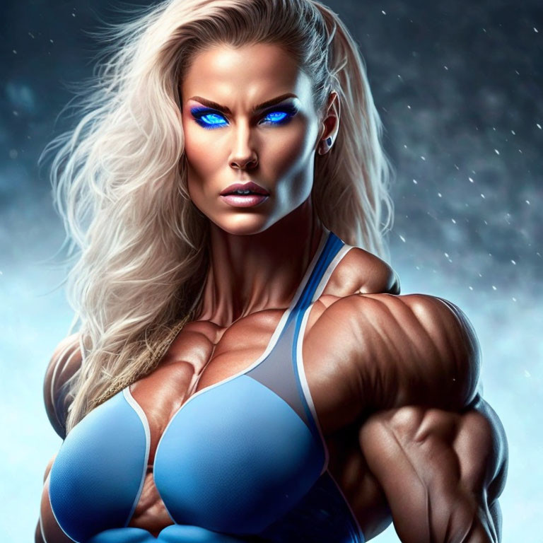 Muscular woman with blue eyes and blonde hair in blue athletic top against starry backdrop