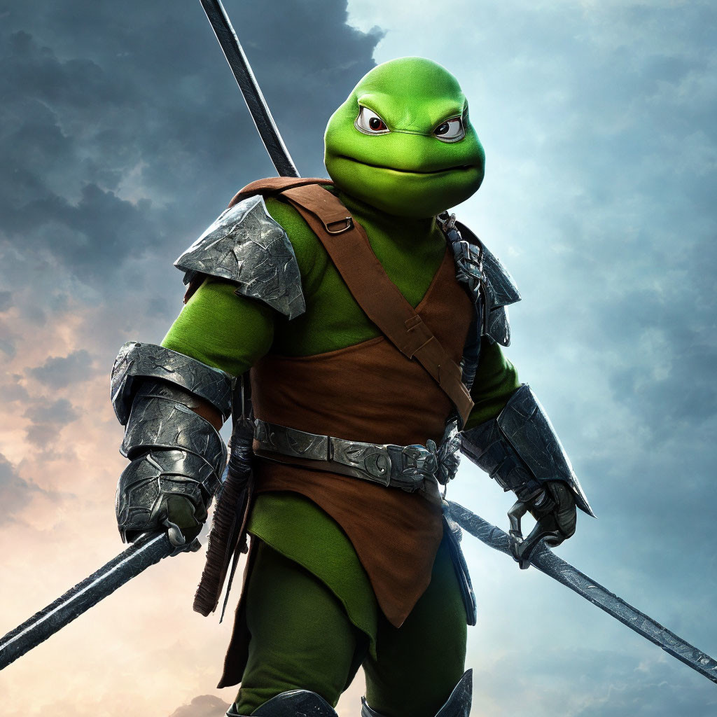 Green anthropomorphic turtle with twin swords in stormy sky setting