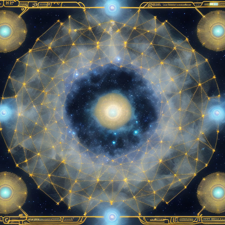 Symmetrical Digital Art: Cosmic Object with Geometric Shapes & Ancient Script