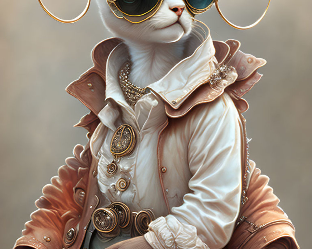 Anthropomorphic cat in steampunk attire with goggles and gold accents