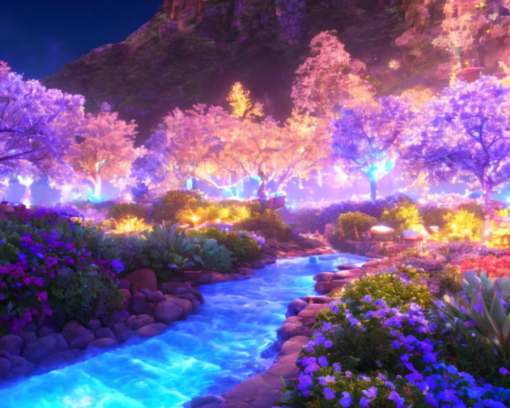 Luminous garden with glowing trees and blue stream at dusk