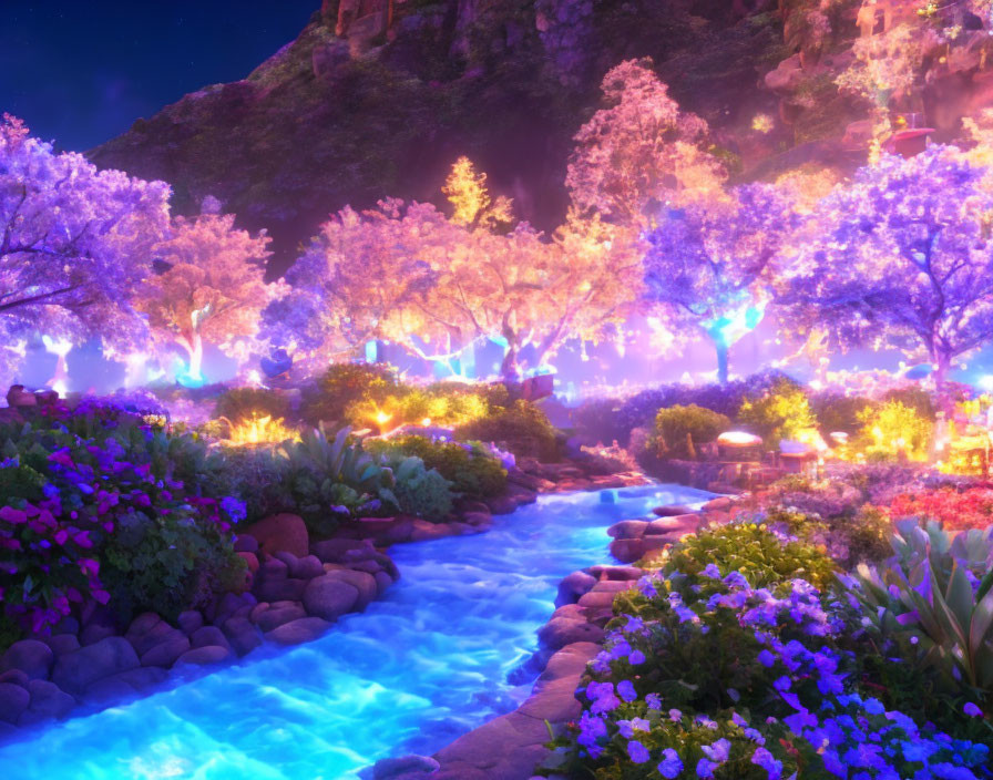 Luminous garden with glowing trees and blue stream at dusk