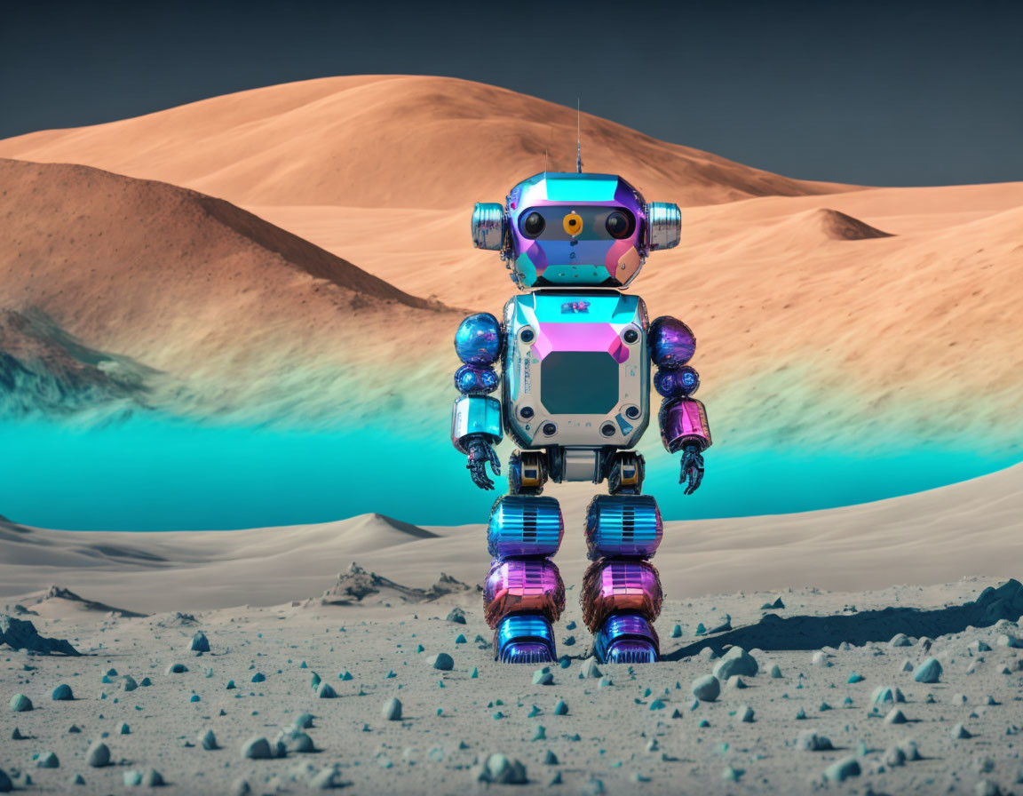 Futuristic humanoid robot with blue-pink metallic parts in rocky desert landscape