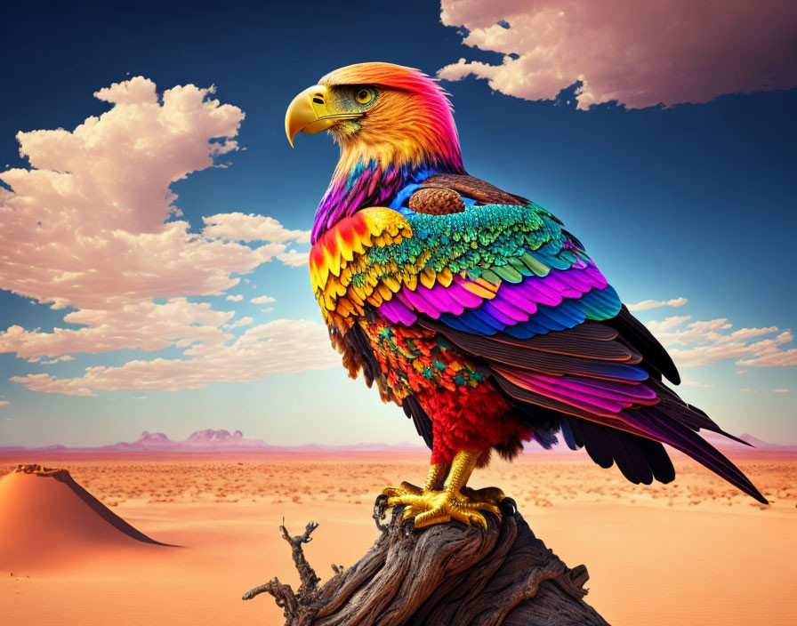 Colorful Rainbow Eagle Perched on Tree Stump in Desert Landscape