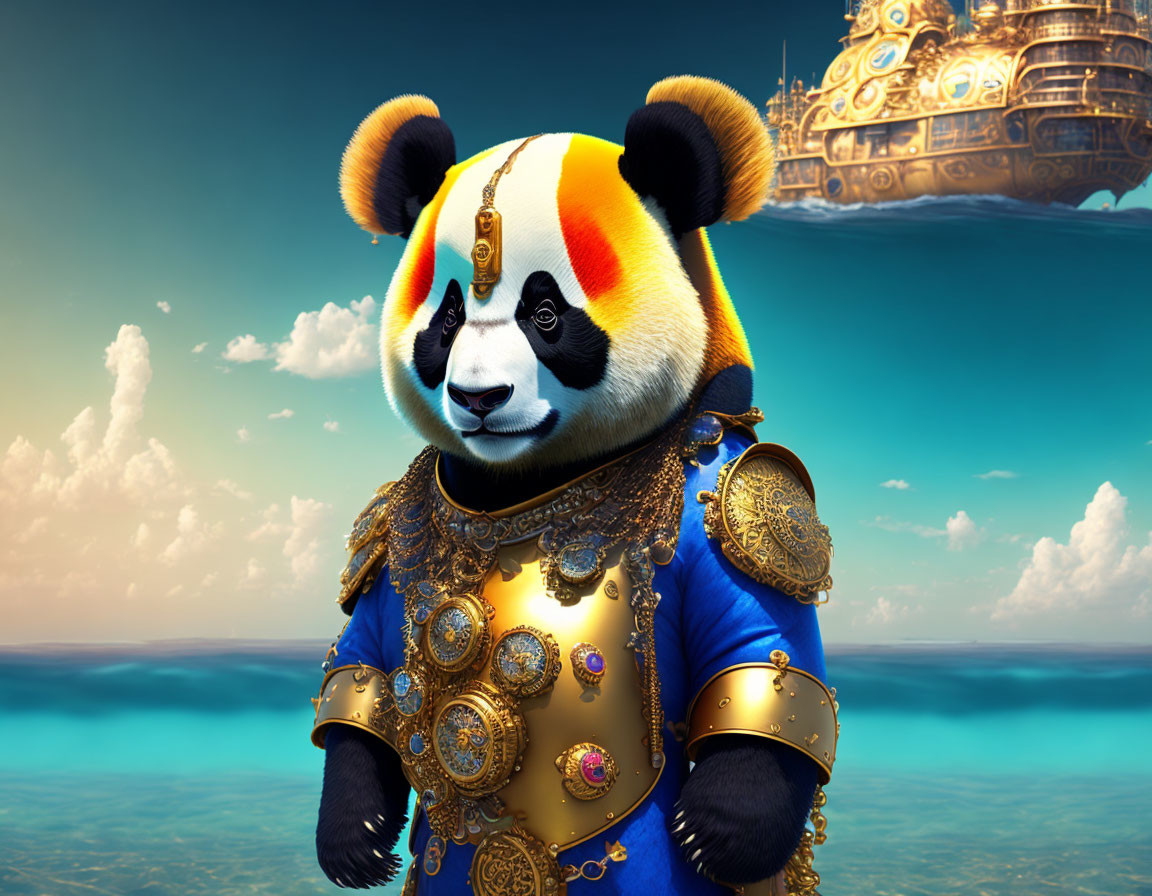 Stylized panda character in golden armor against fantasy backdrop