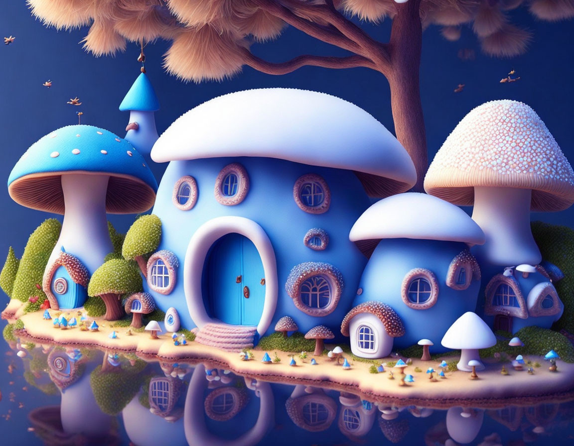 Whimsical illustration of a large blue mushroom house in a magical setting