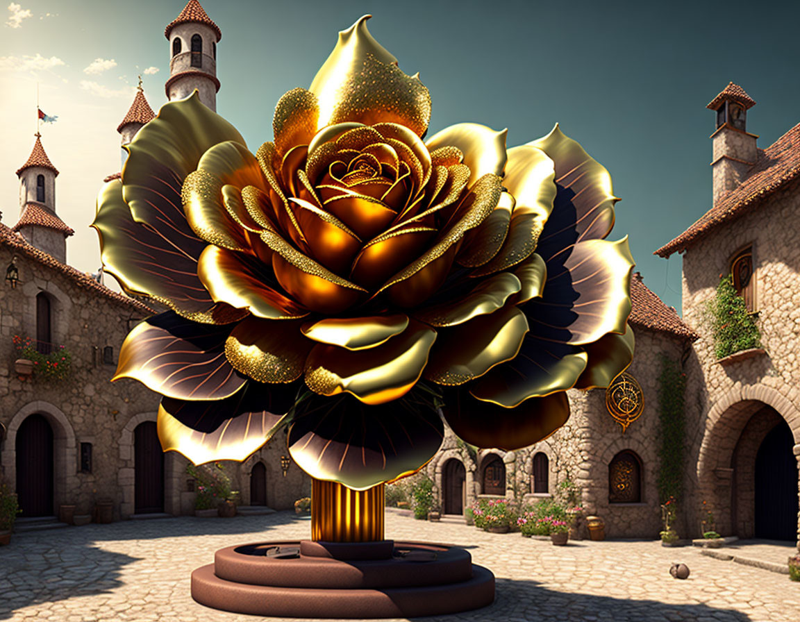 Golden Rose Sculpture in Medieval Village Courtyard with Towers and Stone Houses