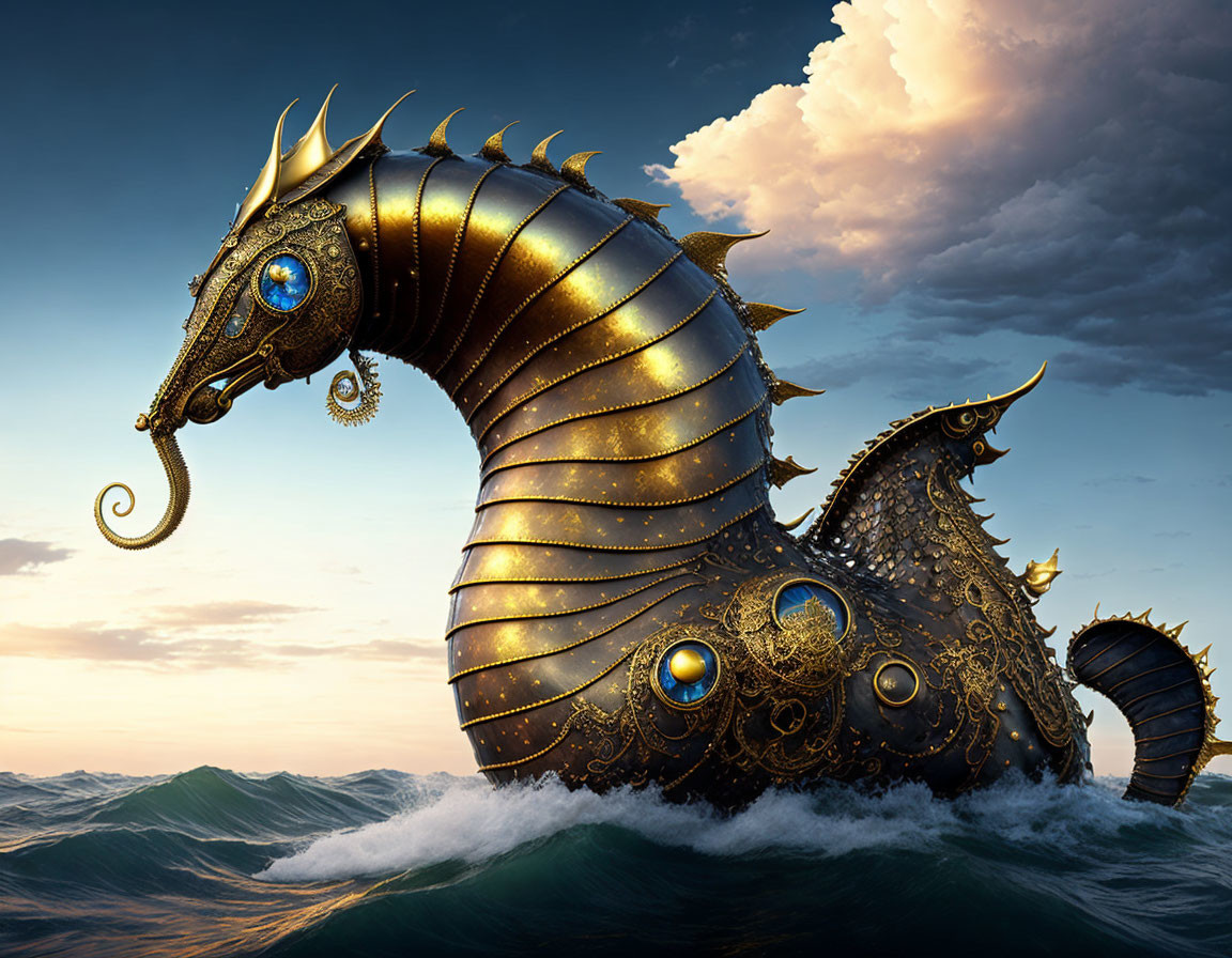 Mechanical Seahorse with Gold and Brass Embellishments in Ocean Waves