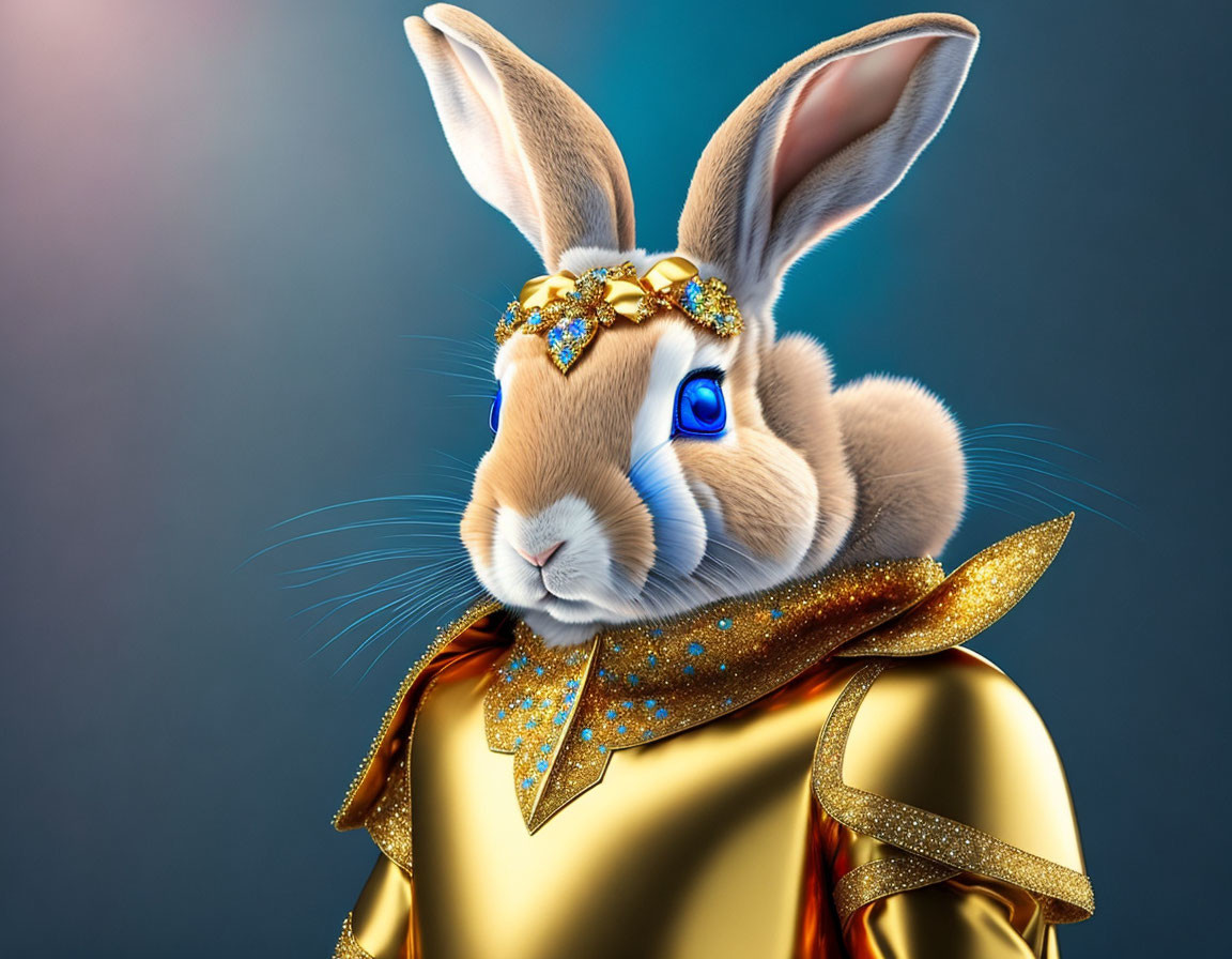Stylized rabbit with human features in gold attire on blue background