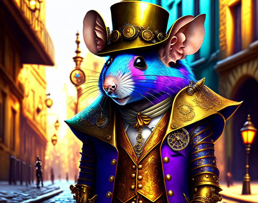 Steampunk-themed anthropomorphic mouse in top hat and coat on city street.