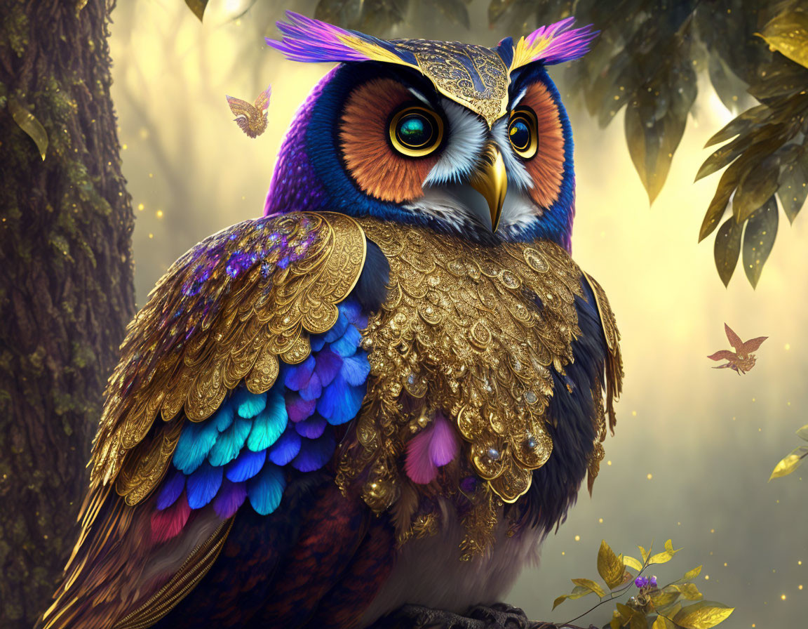 Colorful Owl with Gold Feathers in Enchanted Forest