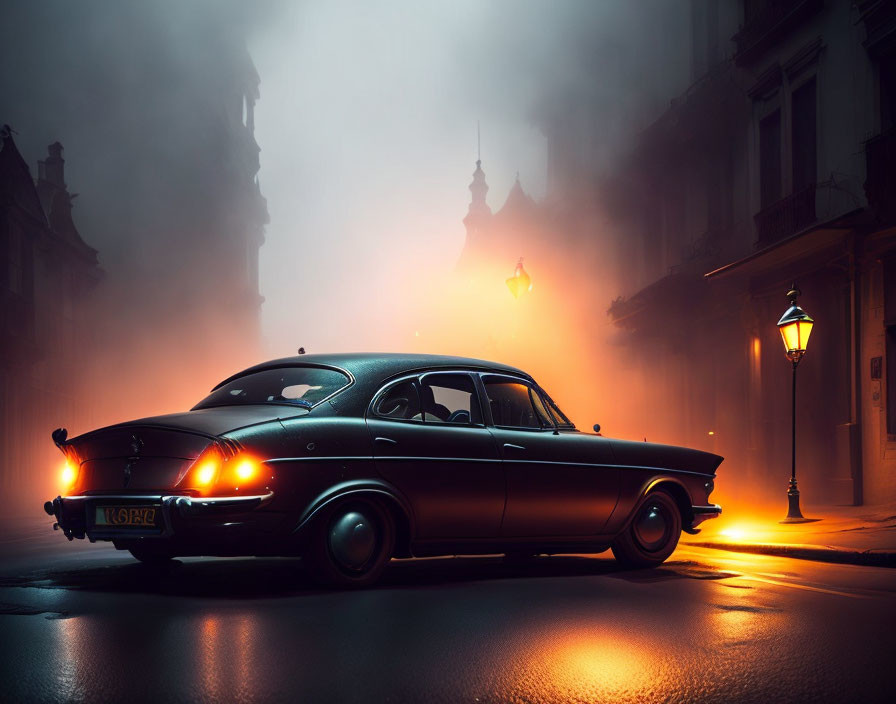 Classic Car Parked on Misty Night Street with Warm Street Lamp Glow