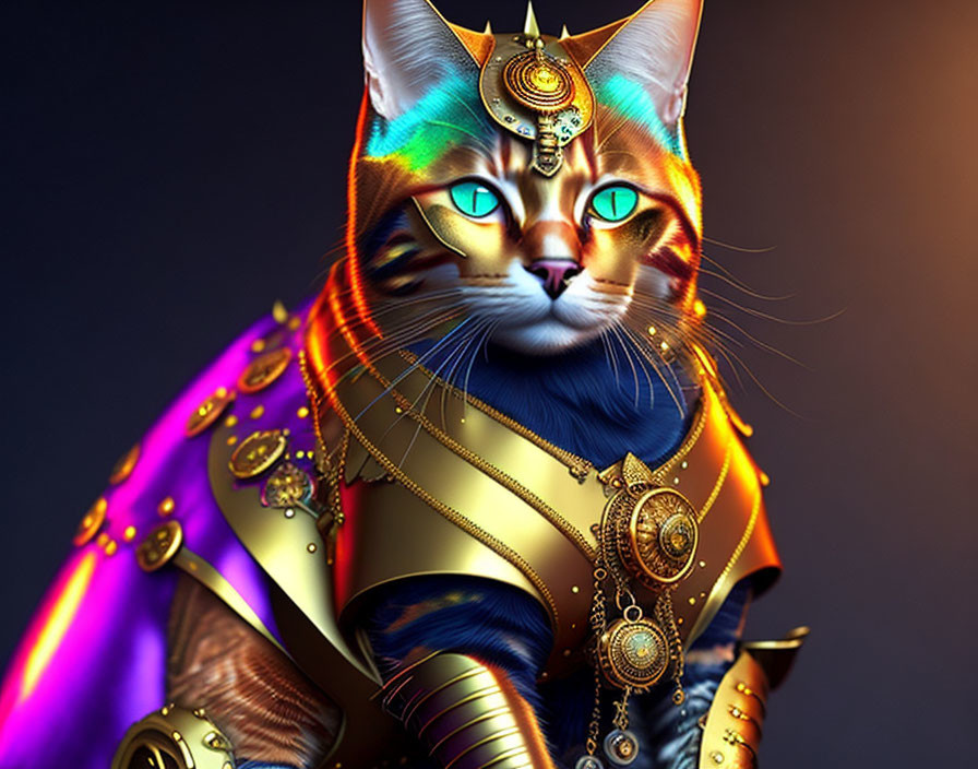 Regal cat digital artwork in golden armor and colorful fur