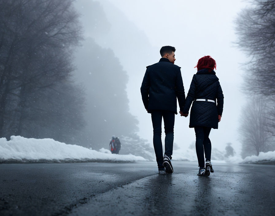 Couple walking on misty snow-covered road with bare trees and distant figure