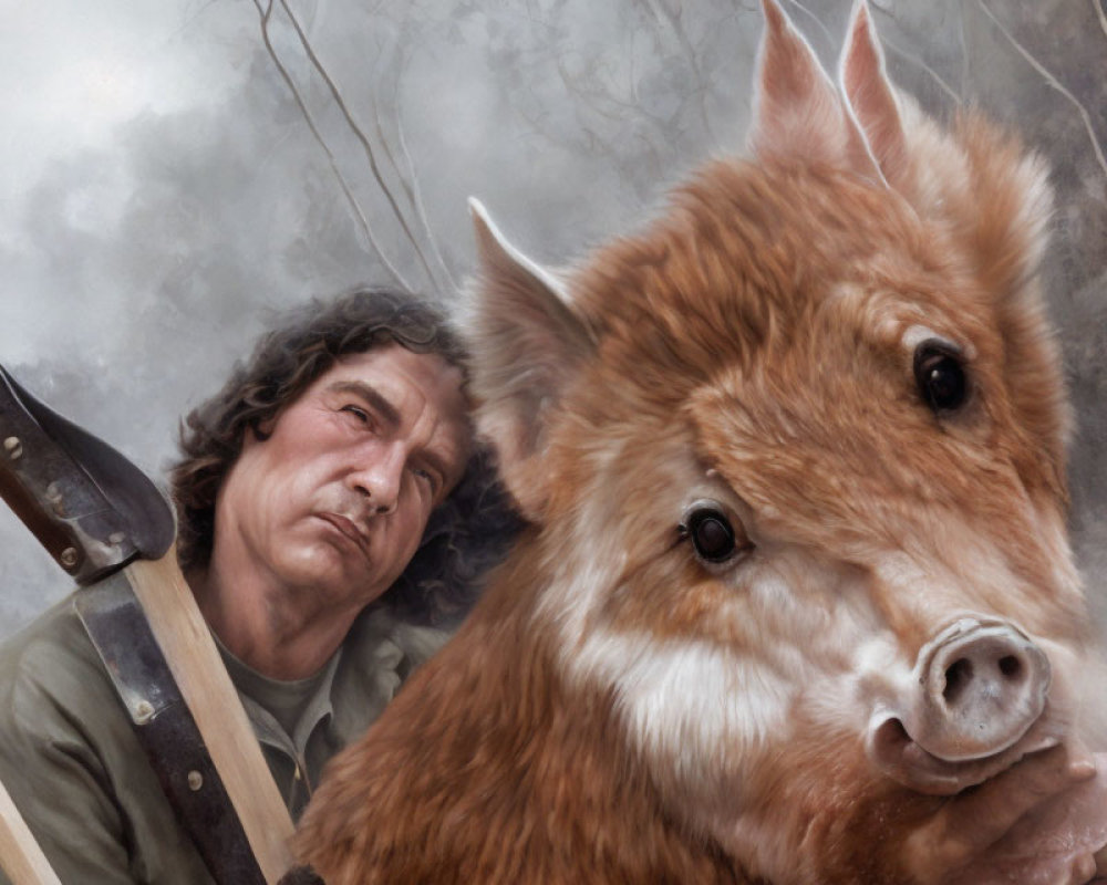 Contemplative person with shovel beside realistic boar in misty setting