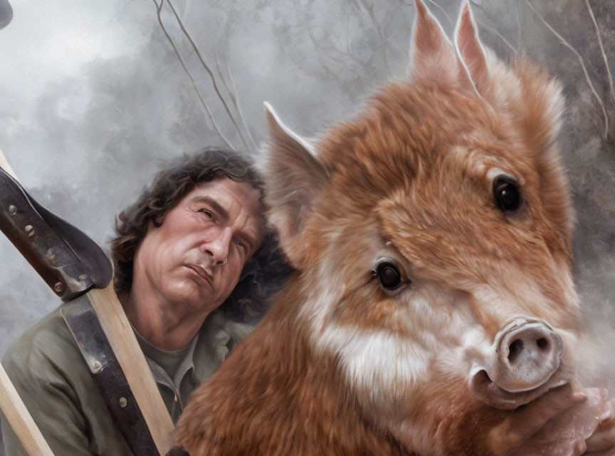 Contemplative person with shovel beside realistic boar in misty setting
