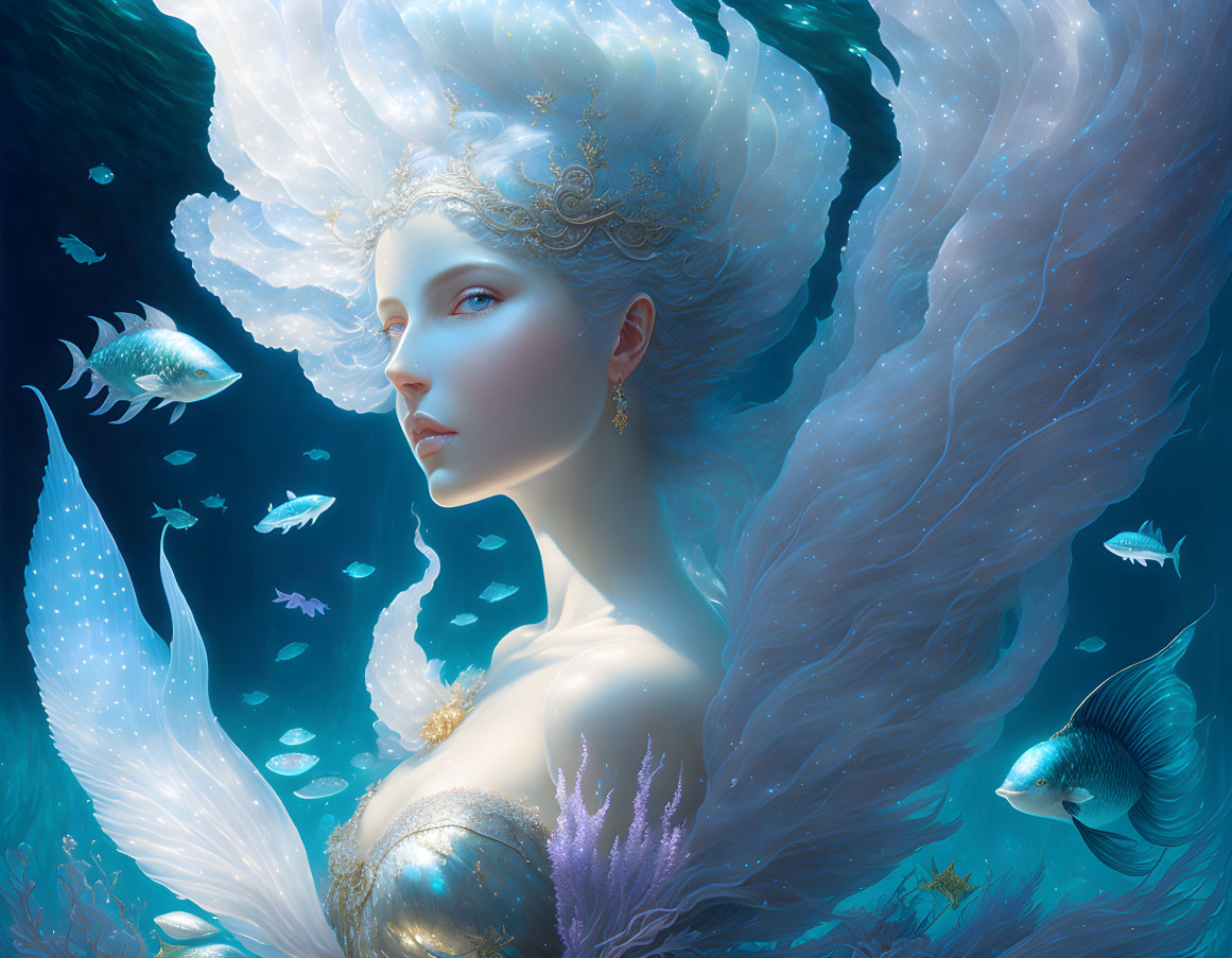 Ethereal underwater scene with serene woman, elaborate headgear, flowing hair, fish in blue and