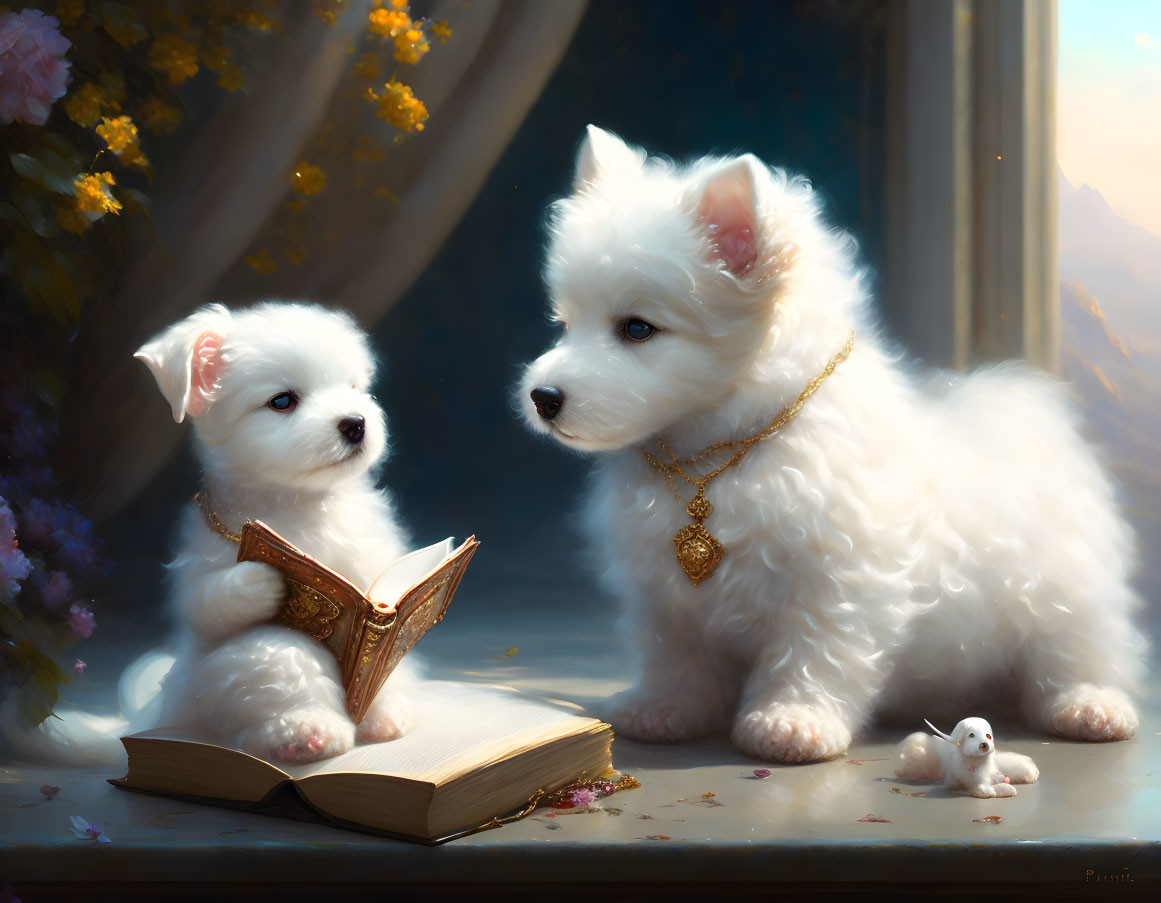 Fluffy White Puppies with Book and Miniature Figure in Flower-filled Room